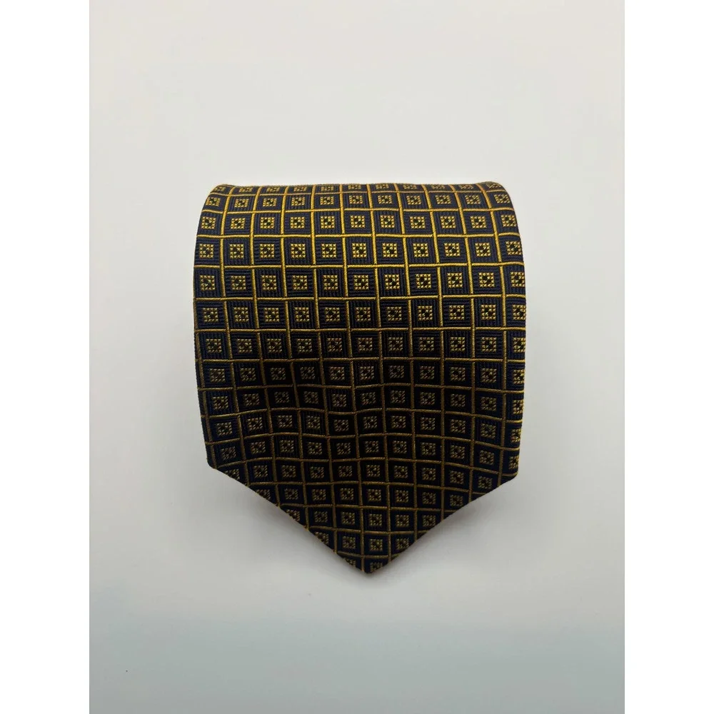Tie Rack Mens Silk Tie Navy Blue Gold Geometric Grid Made in Italy Necktie